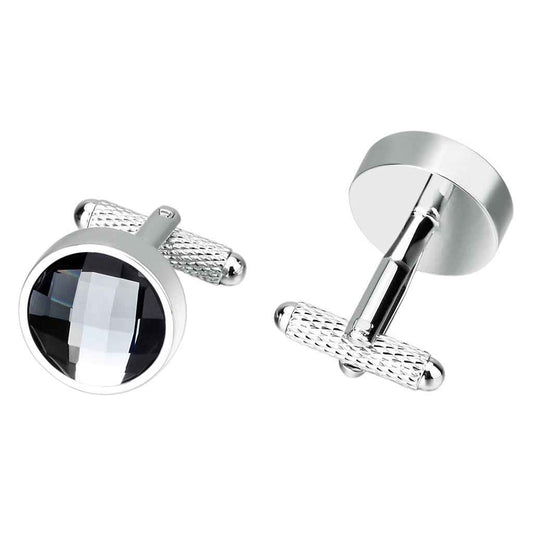 Stainless Steel Round Cufflinks – Elegant Faceted Crystal Glass