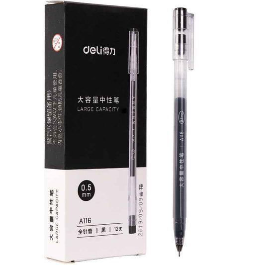 DELI A116 Gelpen met grote capaciteit, naaldpunt, 0,5 mm, fijne punt, 12 stuks