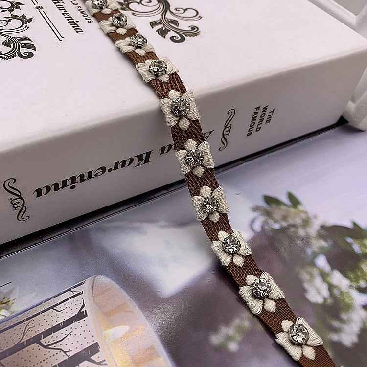 1.5cm Ethnic Jacquard Lace Trim with Glass Beads – 40 Yards Brown