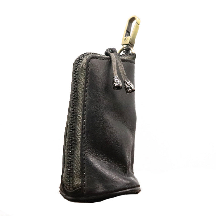 Men's Vintage Vegetable-Tanned Leather Key Holder Pouch Black