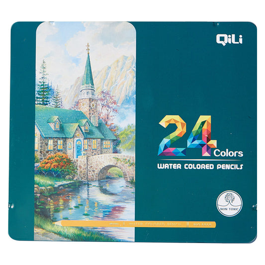 QiLi Wood Cased Water Colored Pencils - Tin of 12/24 Colors 24 Count