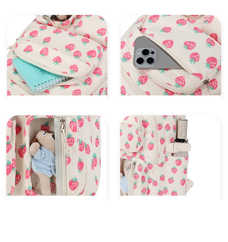 Cute Strawberry Bow & Floral Corduroy Backpack Set – 3-Piece School Bag for Girls