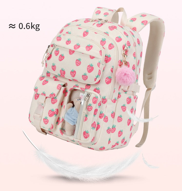 Cute Strawberry Bow & Floral Corduroy Backpack Set – 3-Piece School Bag for Girls