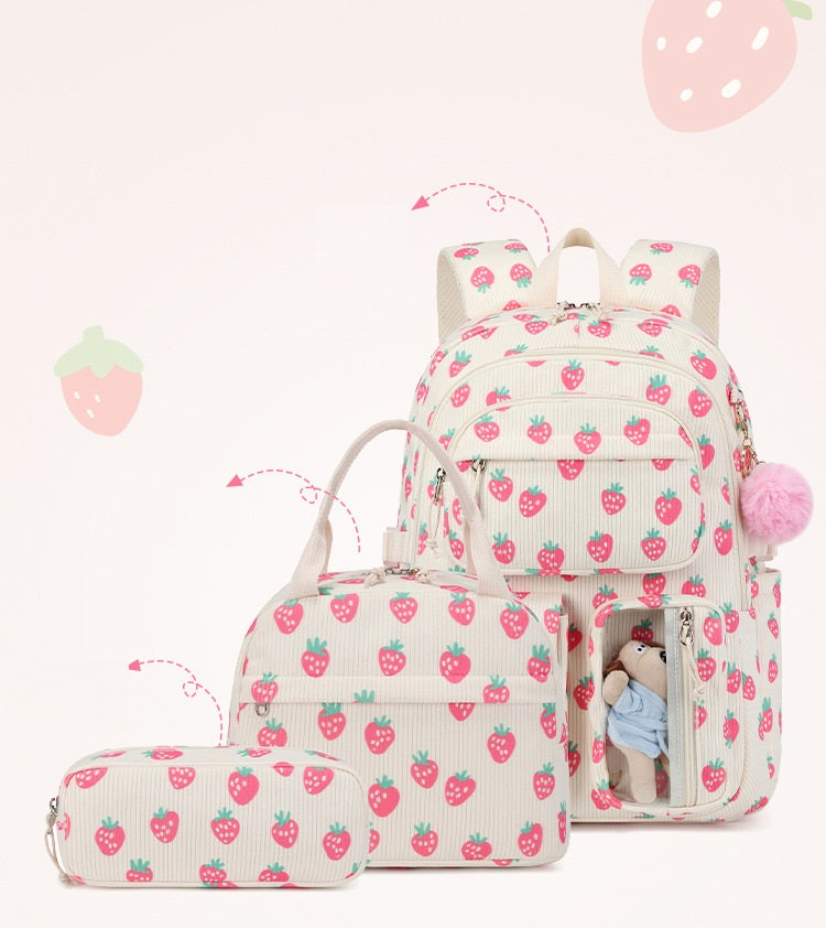 Cute Strawberry Bow & Floral Corduroy Backpack Set – 3-Piece School Bag for Girls