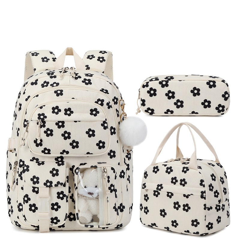 Cute Strawberry Bow & Floral Corduroy Backpack Set – 3-Piece School Bag for Girls Black Flower