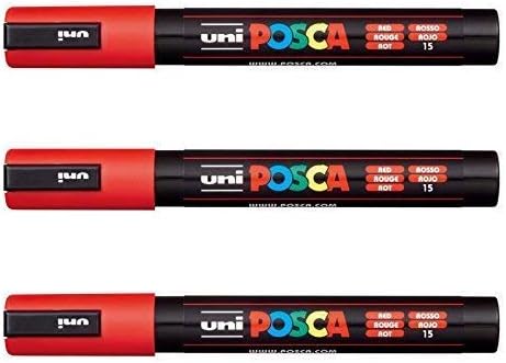 UNI POSCA PC-5M Posca Acrylfarbenmarker, Rot, 3er-Pack