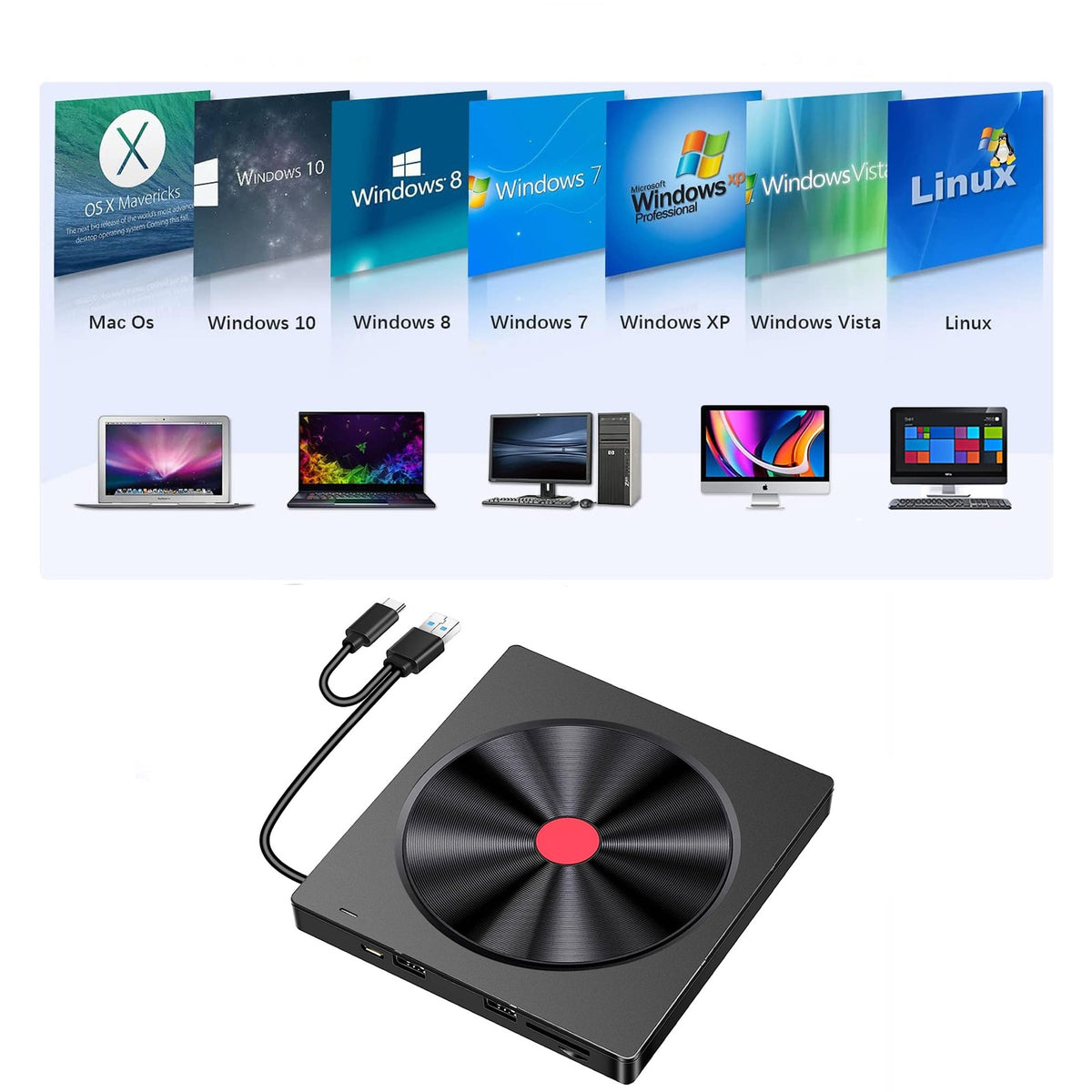 5-in-1 External CD/DVD Drive with SD/TF Card Reader | USB 3.0 & Type-C | Plug & Play | Universal for Laptop & PC