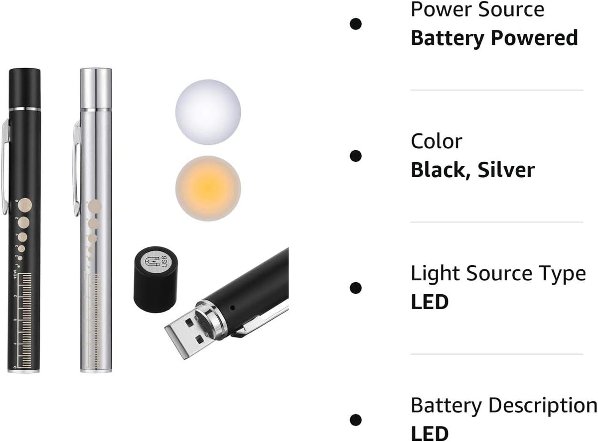 2pcs LED Pen Light for Students Doctors Nurses Black Silver