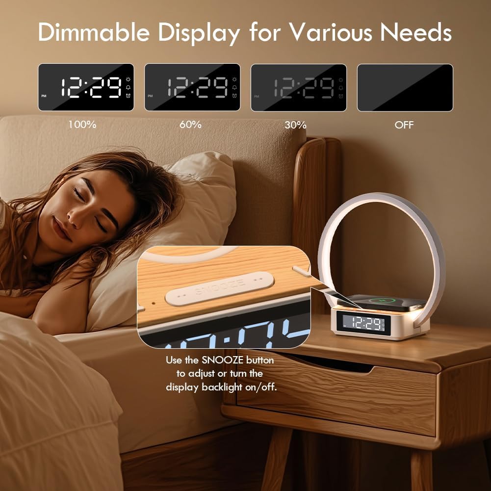 Round Bedside Lamp with Alarm Clock Wireless Charger Nightlight