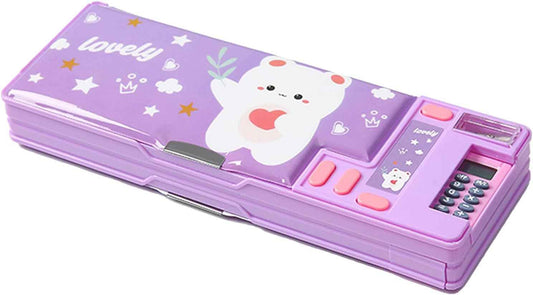 Multifunction Pencil Case with Calculator Sharpener Purple Bear