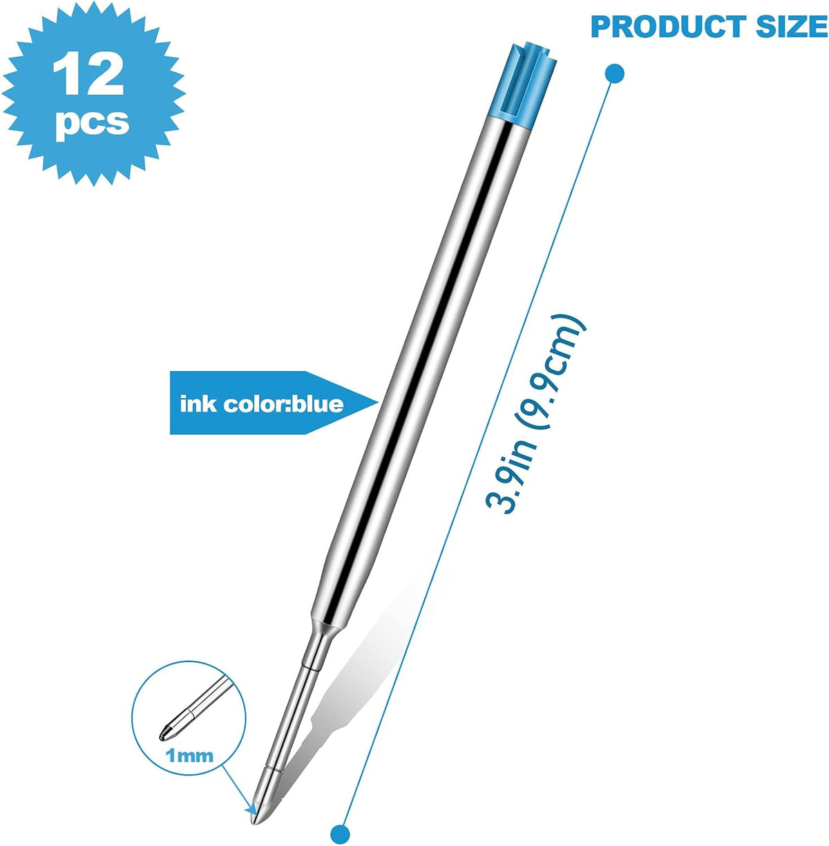 12pcs Metal Ballpoint Pen Refills Black Blue Ink 1.0mm