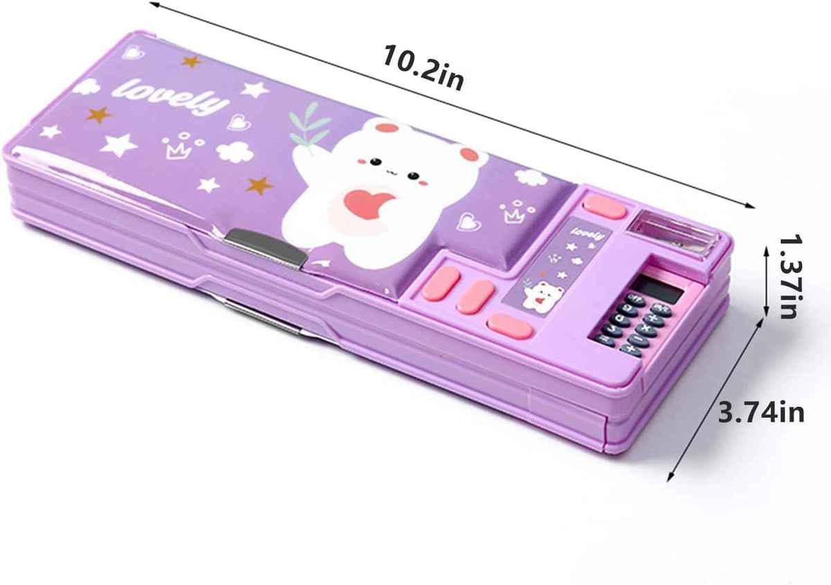 Multifunction Pencil Case with Calculator Sharpener Purple Bear