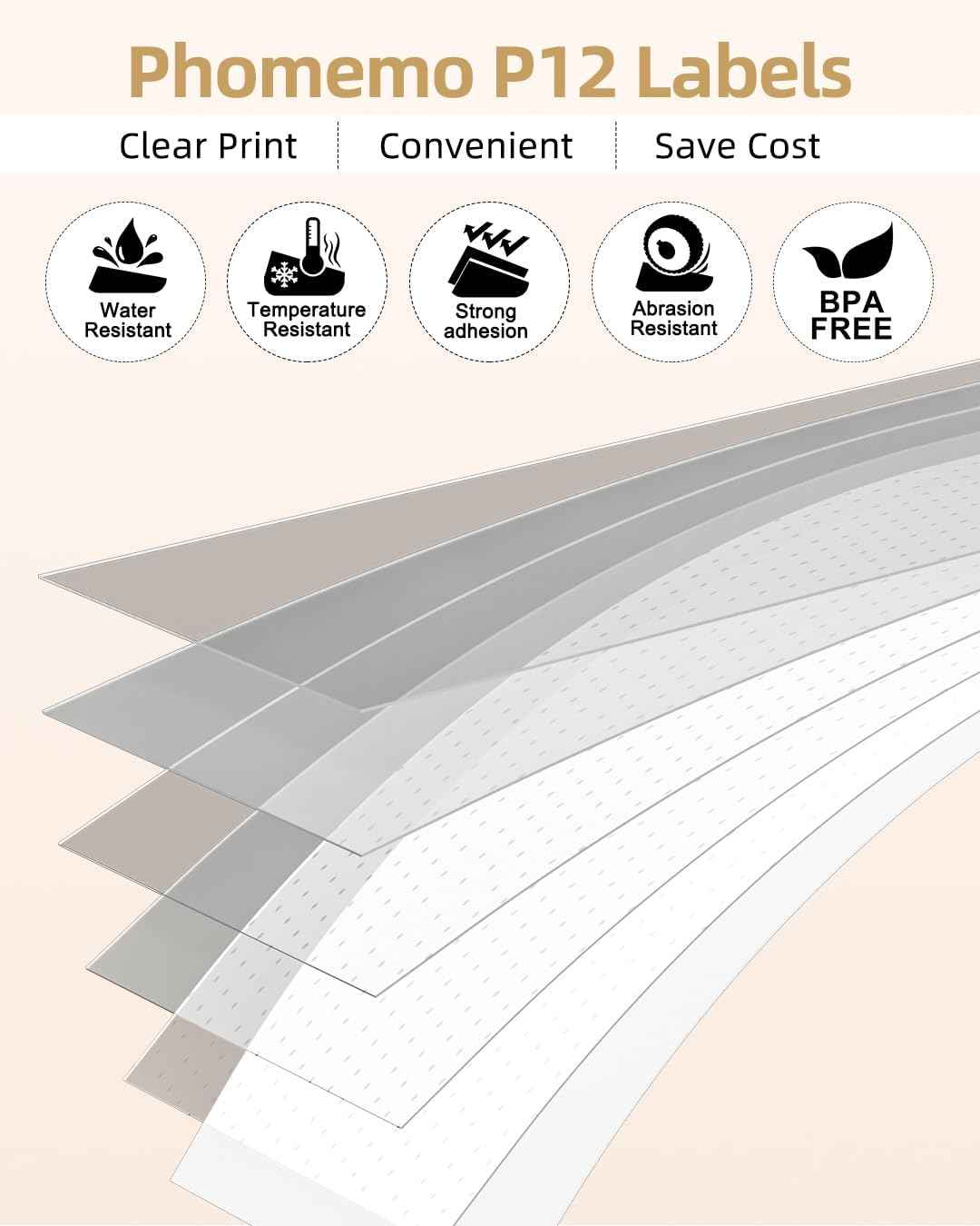 Labeltape (12 mm x 4 m), zwart op transparant, voor DYMO Letra Tag Phomemo P12