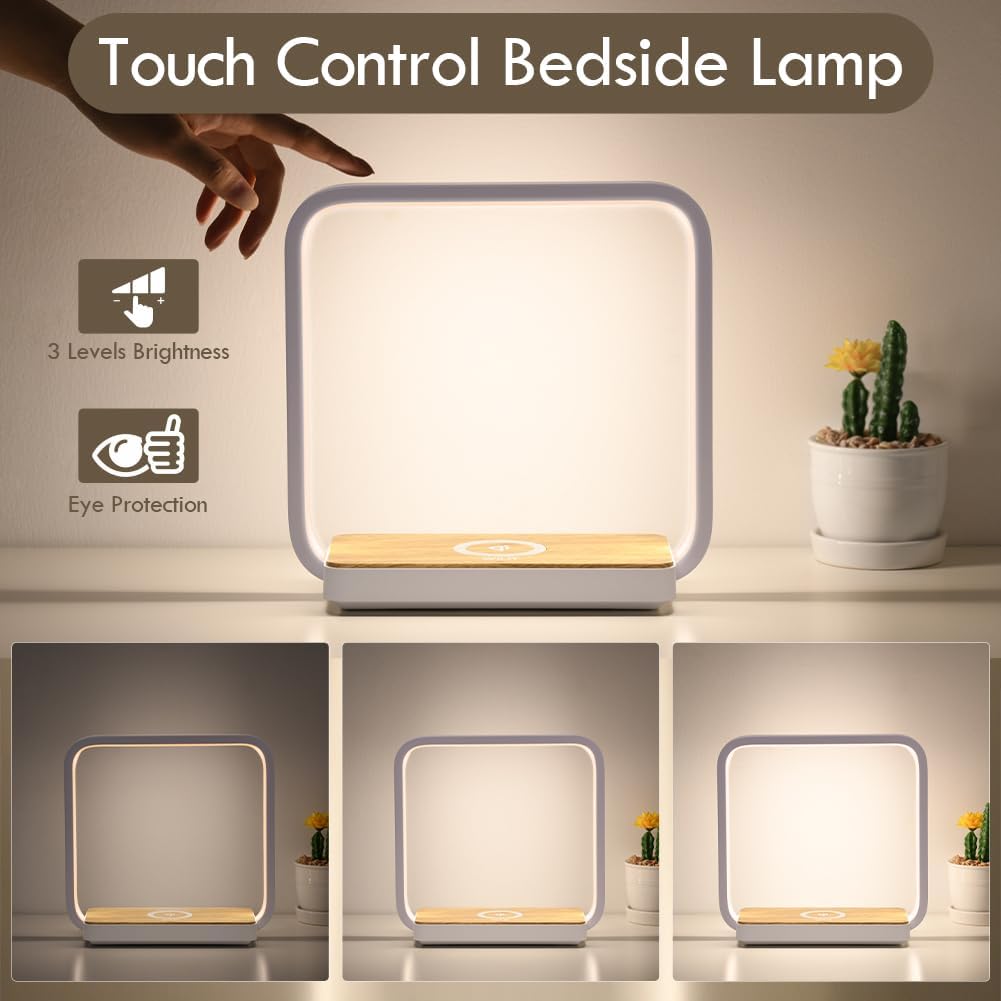 Square Bedside Desk Lamp with Qi Wireless Charger Dimmable