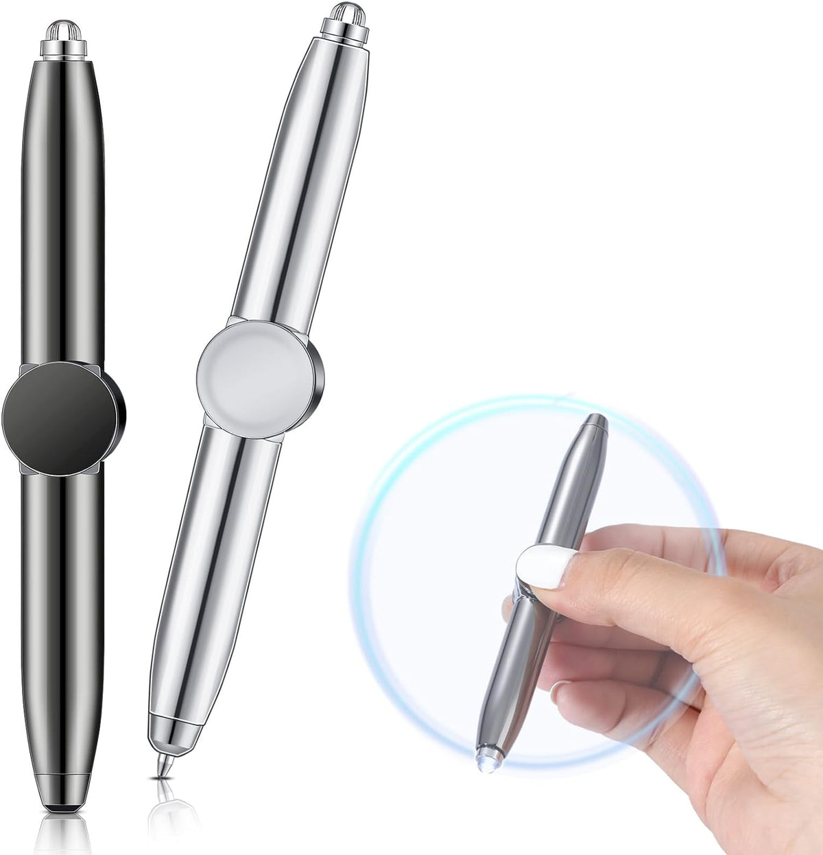 2pcs Fidget Spinning Pen with LED Light Multi Functional Ballpoint Pen Gray, Silver