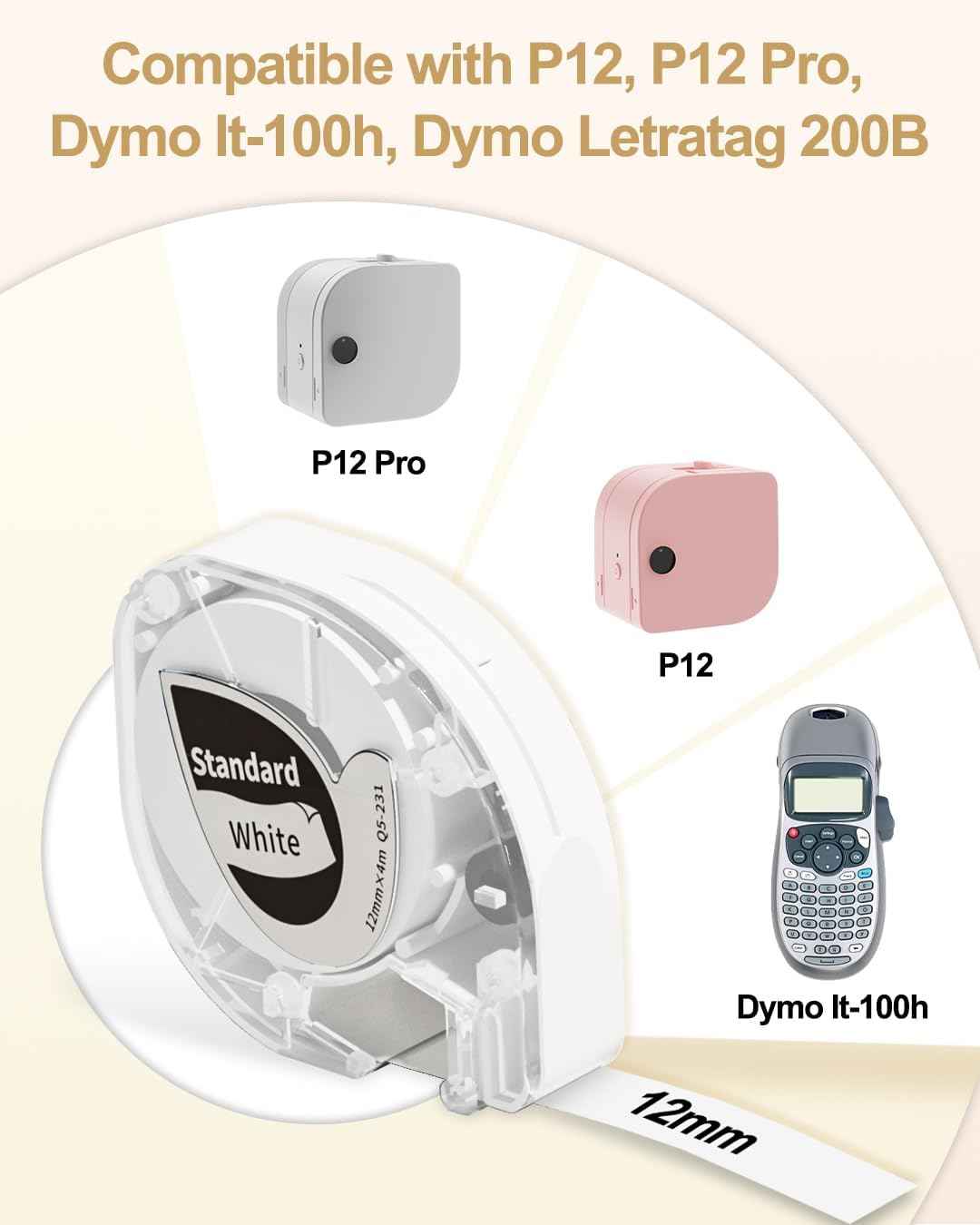 Etiketttape (12 mm X 4 m), svart på hvitt, for DYMO Letra Tag Phomemo P12