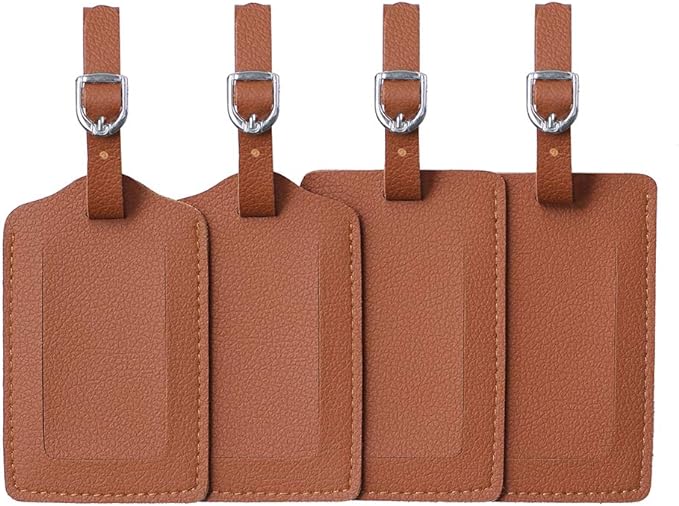 Leather Luggage Tags 4 Pack Bag Suitcase Labels Brown