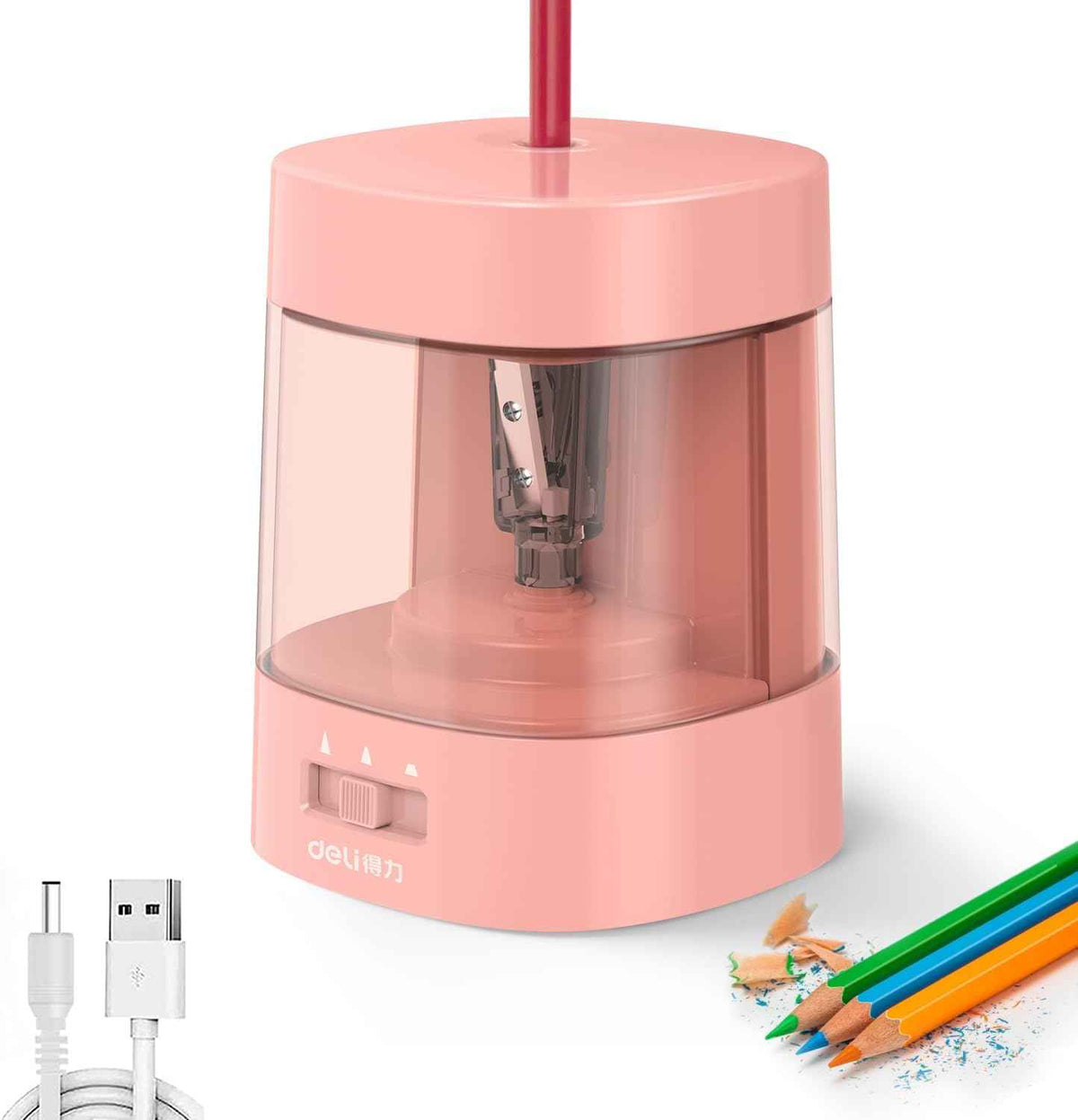 DELI 68659 Elektryczna temperówka do ołówków, zasilana przez USB i baterię