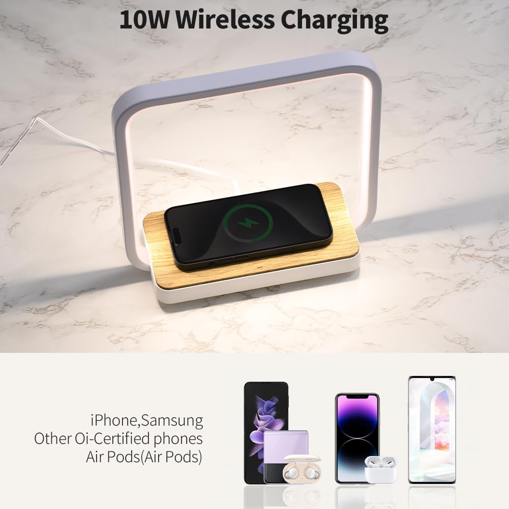 Square Bedside Desk Lamp with Qi Wireless Charger Dimmable
