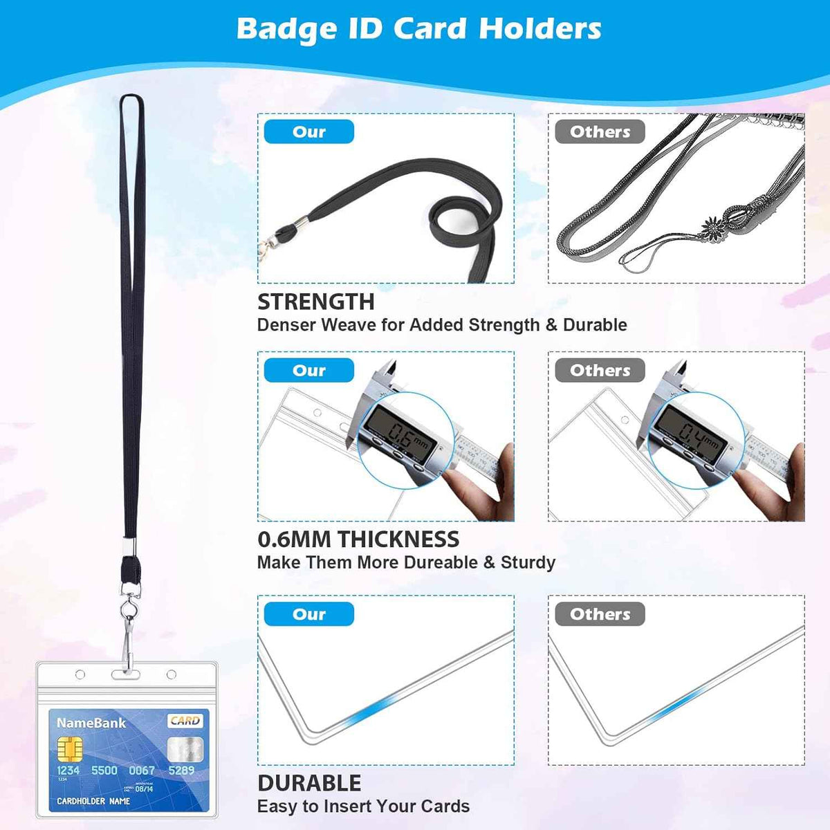 50Pcs Plastic Horizontal Badge Holders and 50Pcs Black Neck Lanyards
