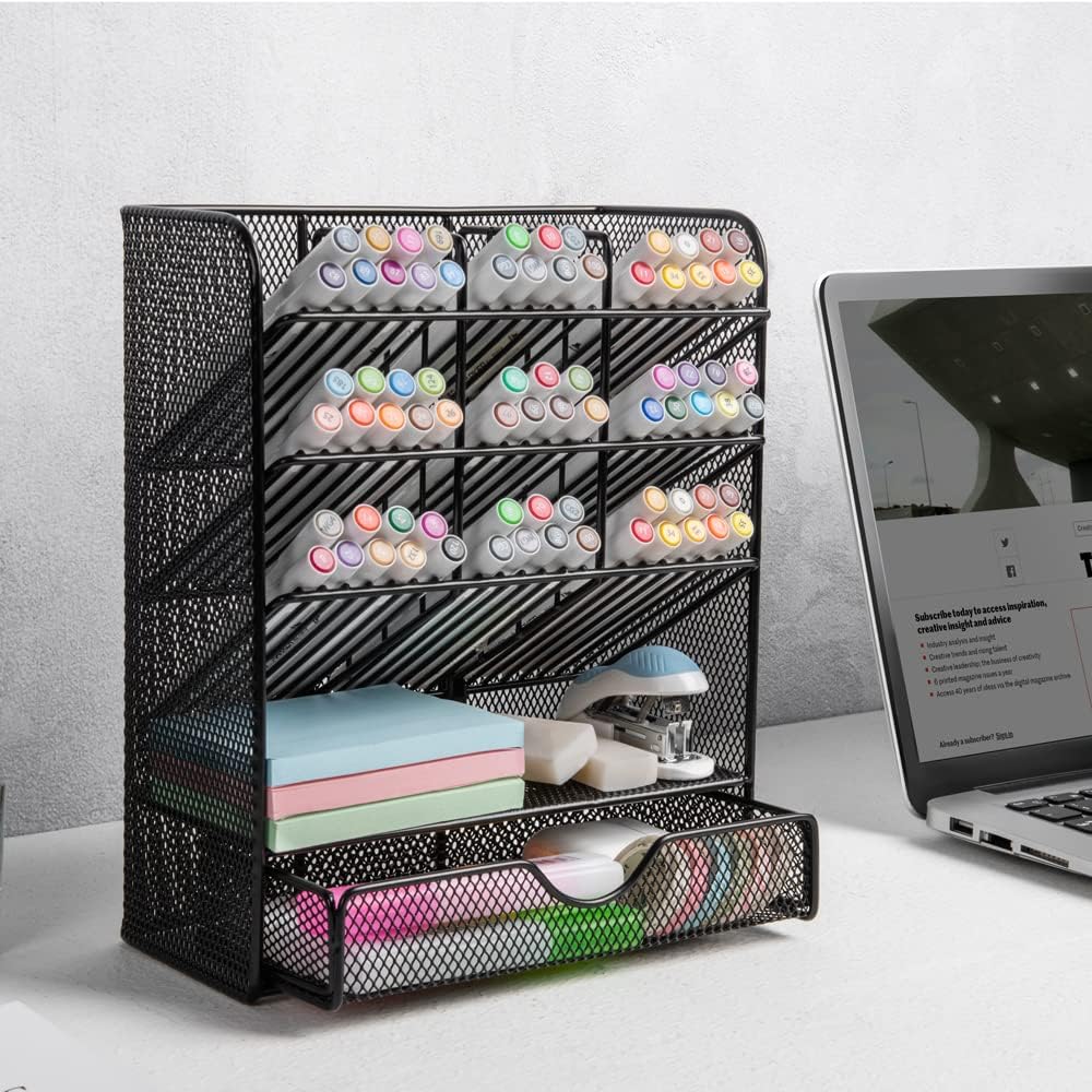Metal Pen Holder Desk Organizer with 10 Compartments and 1 Drawer Black