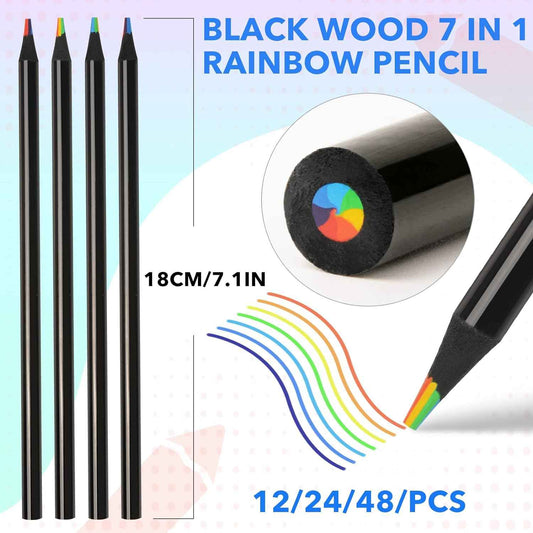 24 STKS Zwart Houten 7IN1 Regenboog Gekleurde Kunst Tekenpotloden