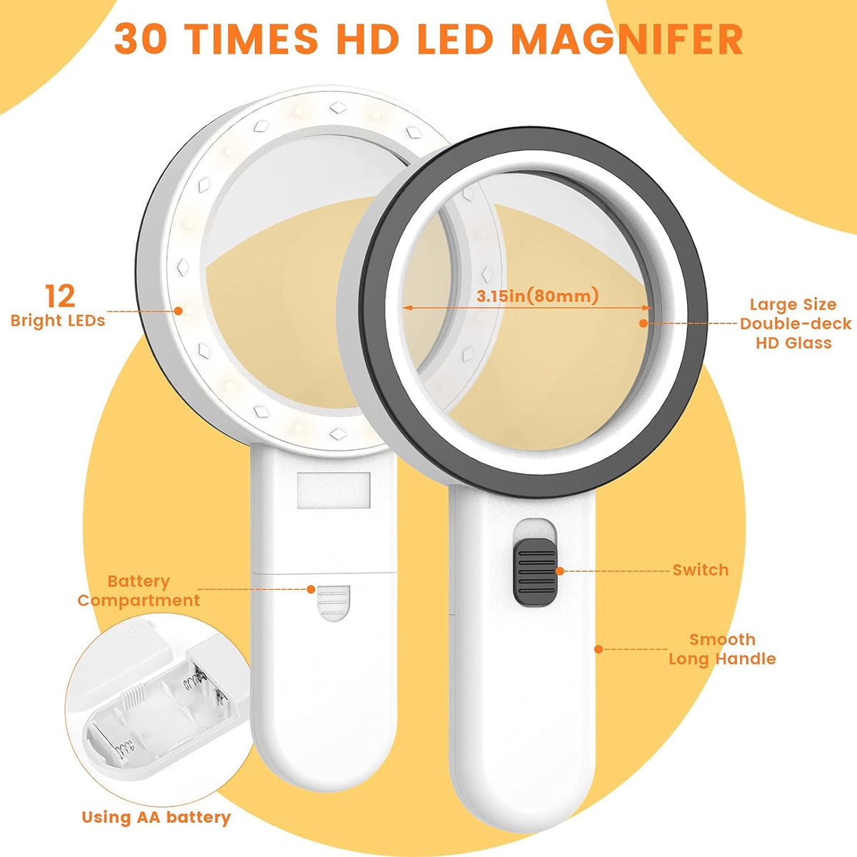 30X handheld groot vergrootglas 12 LED-verlichte vergrootglas