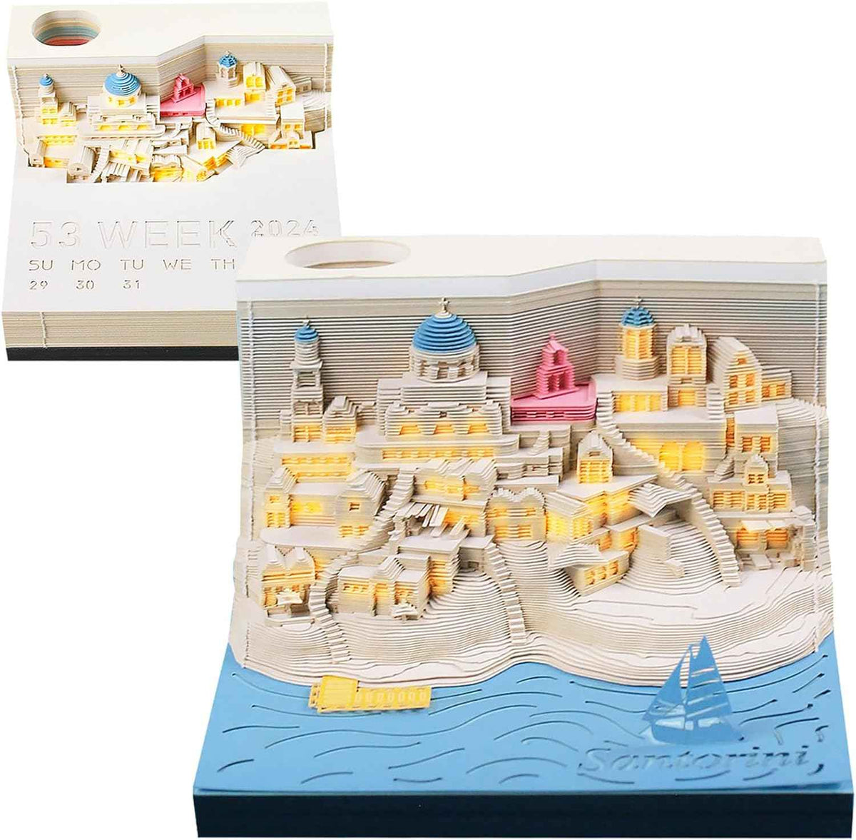 2026 Time Piece Santorini 3D Calendar Memo Pad with LED Lights