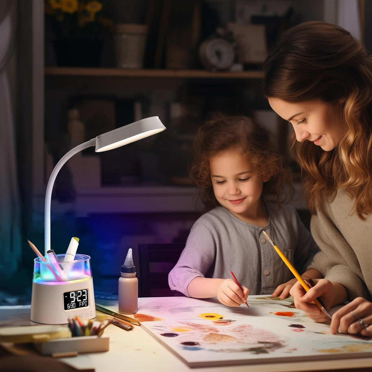 LED Desk Lamps for Home Office with Pen Holder Clock USB Charging
