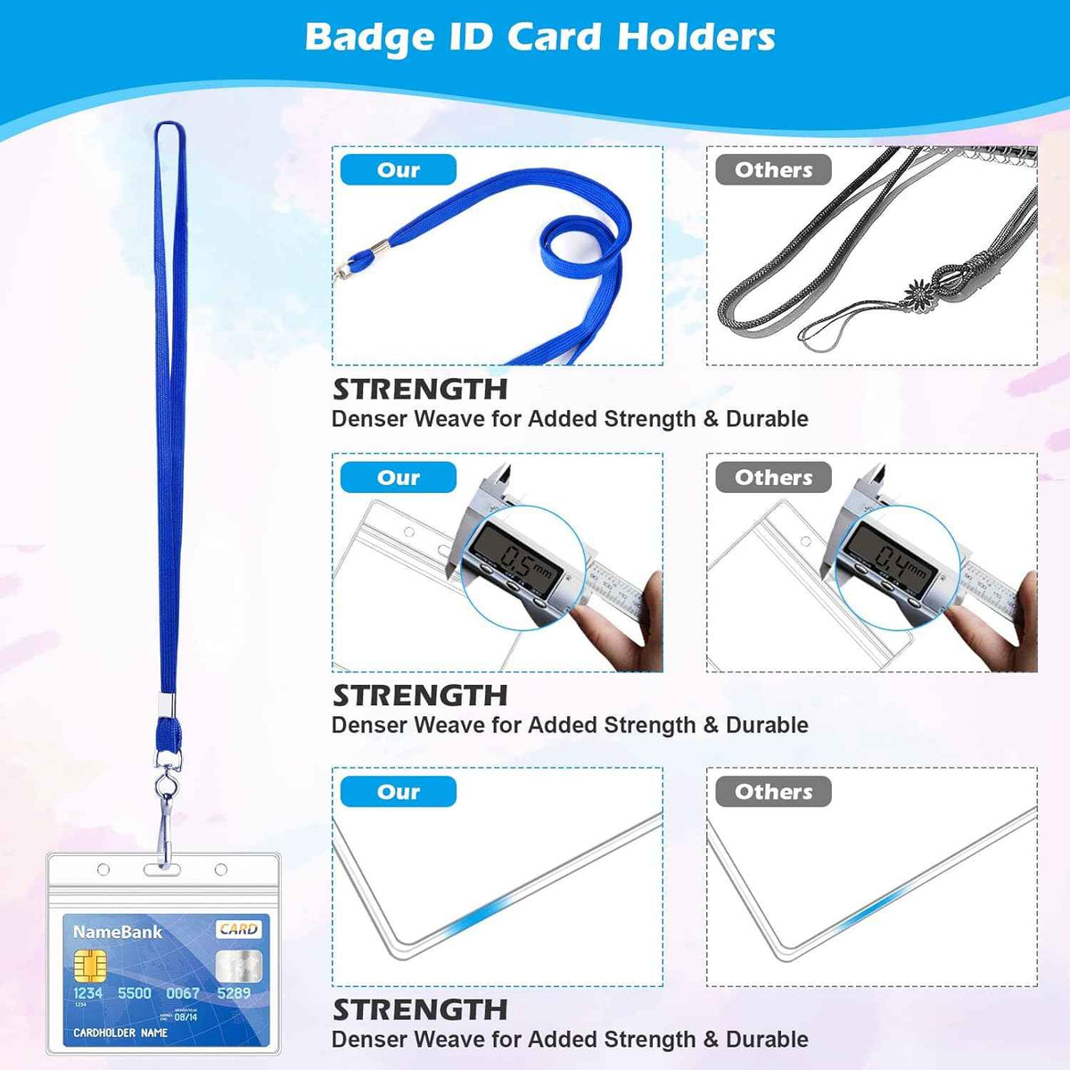 50Pcs Plastic Horizontal Badge Holders and 50Pcs Blue Neck Lanyards
