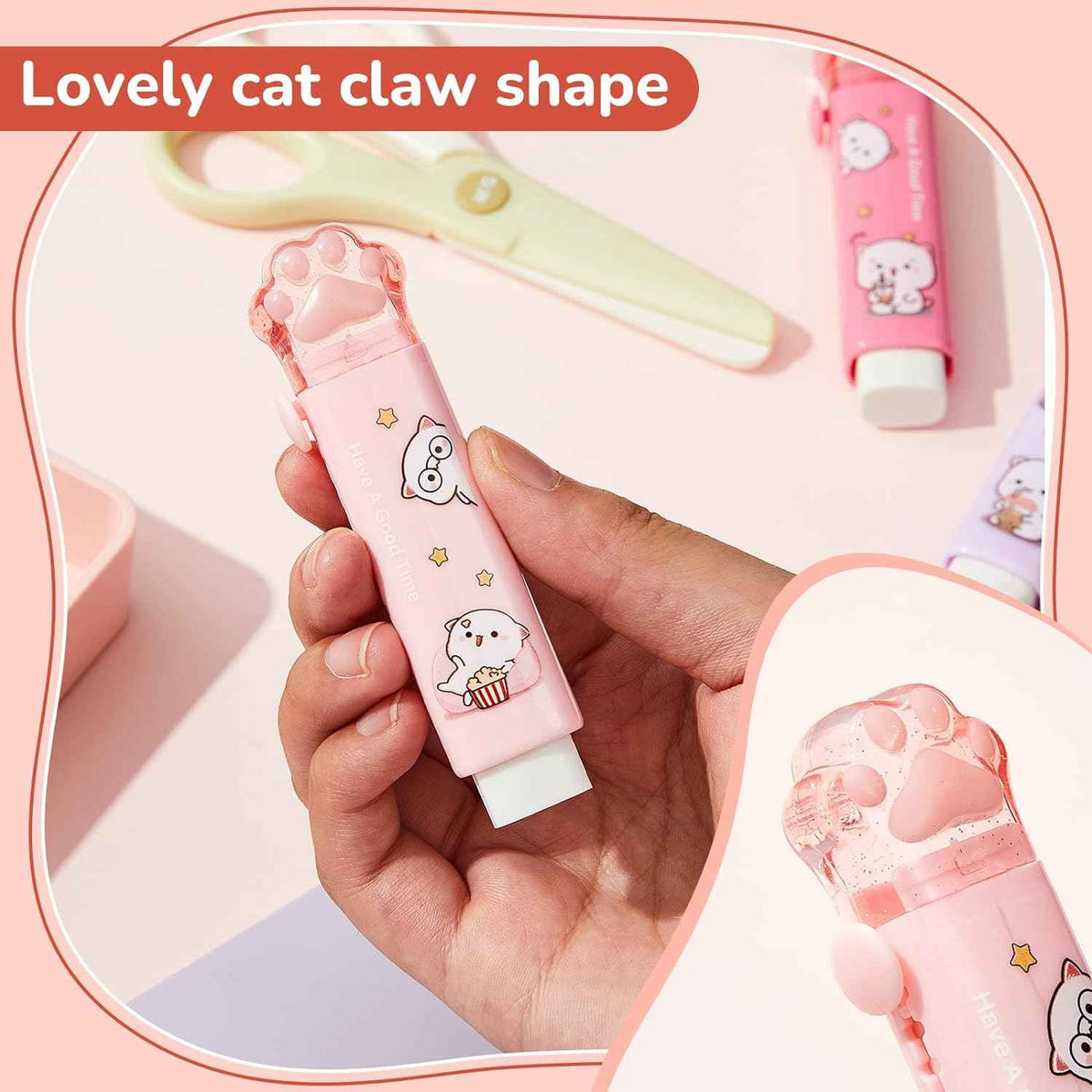 Gommes à crayon mignonnes en forme de patte de chat, 8 pièces, conception Push Pull