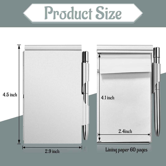 2 Pieces Metal Pocket Notebook with Pen and Refillable Paper 2 Silver
