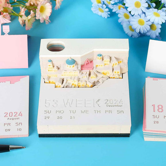 2024 Time Piece Santorini 3D-Kalender-Notizblock mit LED-Leuchten