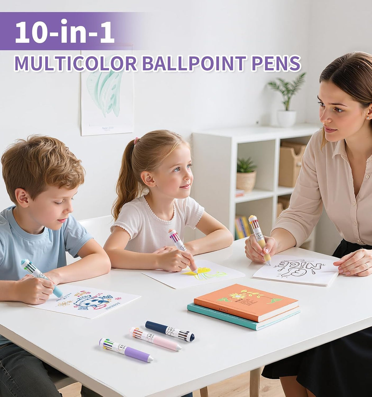 6 Pack 10-in-1 Multi-Color Ballpoint Pens - 57 Total Colors (0.8mm Fine Tip)