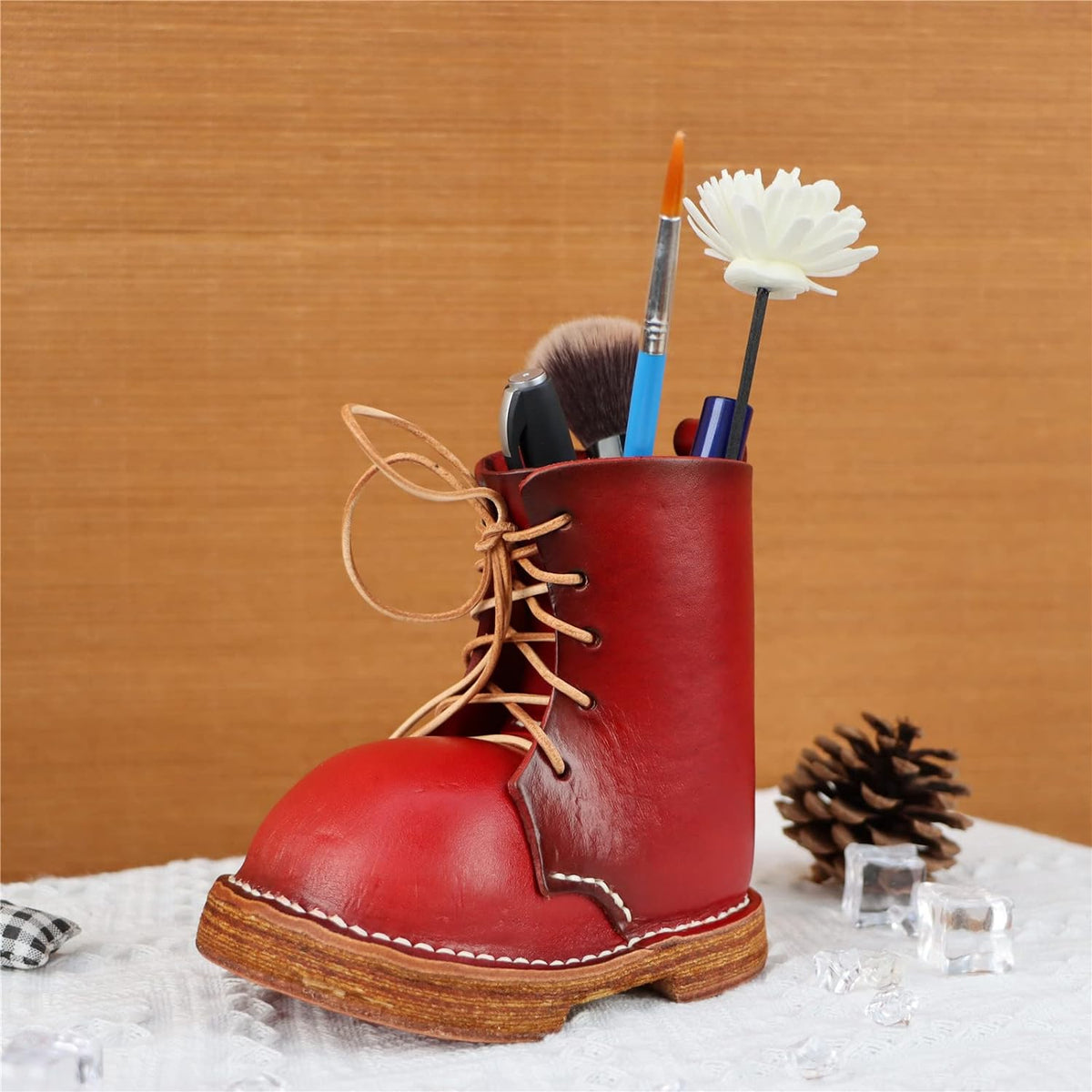 Leather Cowhide Shoes Desktop Decorative Pen Holder Organizer Red