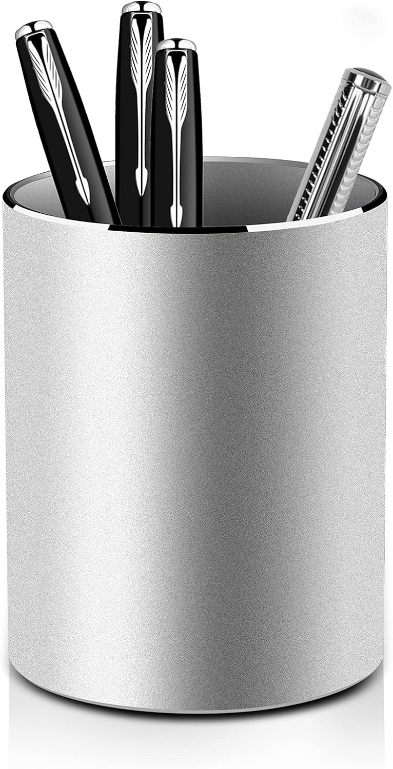 Round Desk Metal Pen Holder Aluminum Pencil Holder Silver