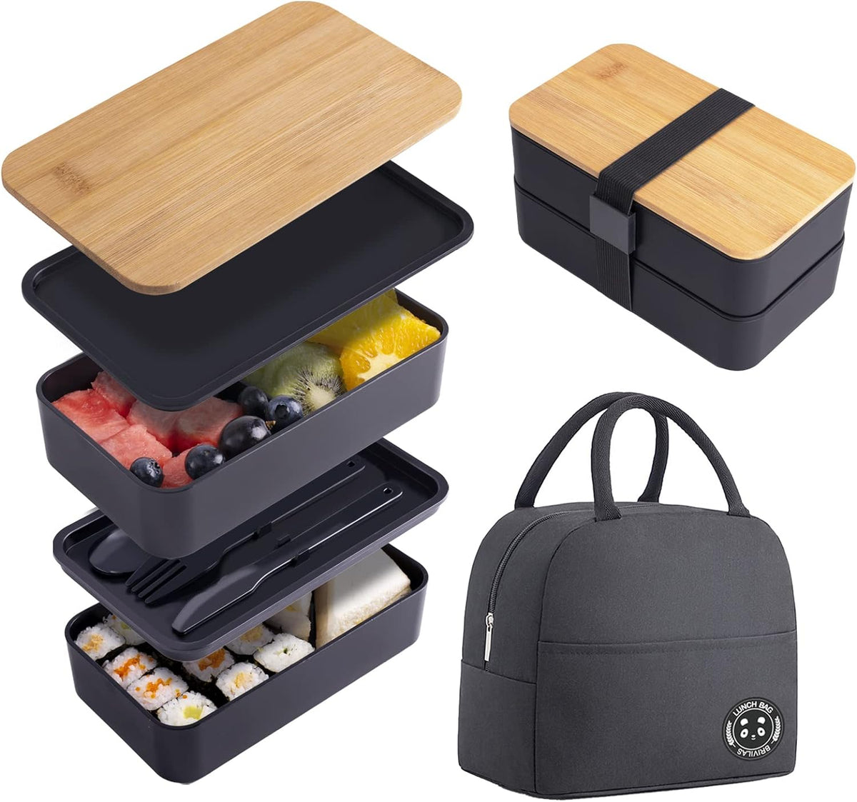 Japanese Bamboo Bento Lunch Box with Compartments and Utensils Black