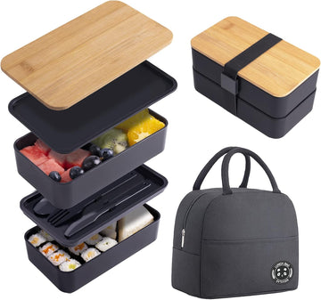 Japanese Bamboo Bento Lunch Box with Compartments and Utensils Black