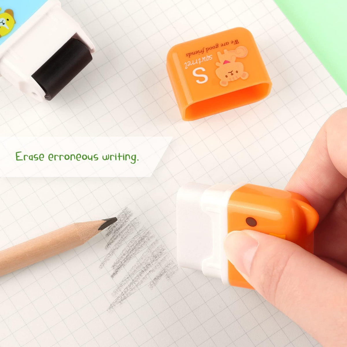 6 Pack Cute Erasers with Cover and Roller for Kids