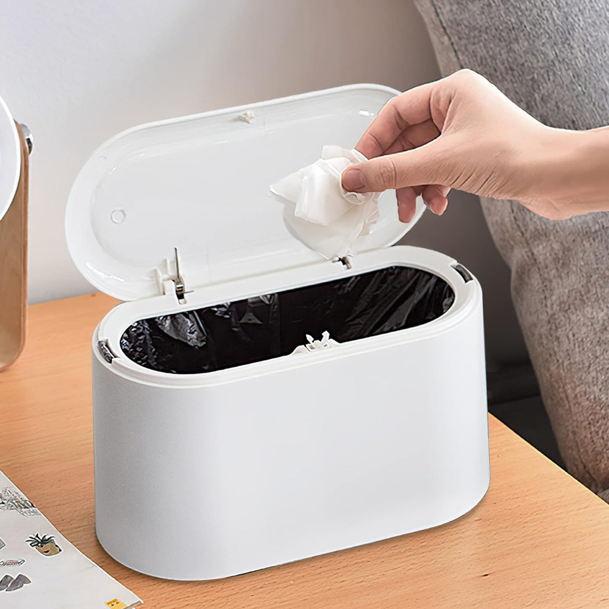 Mini Trash Can with Lid Removable Pop Up Countertop Wastebasket White