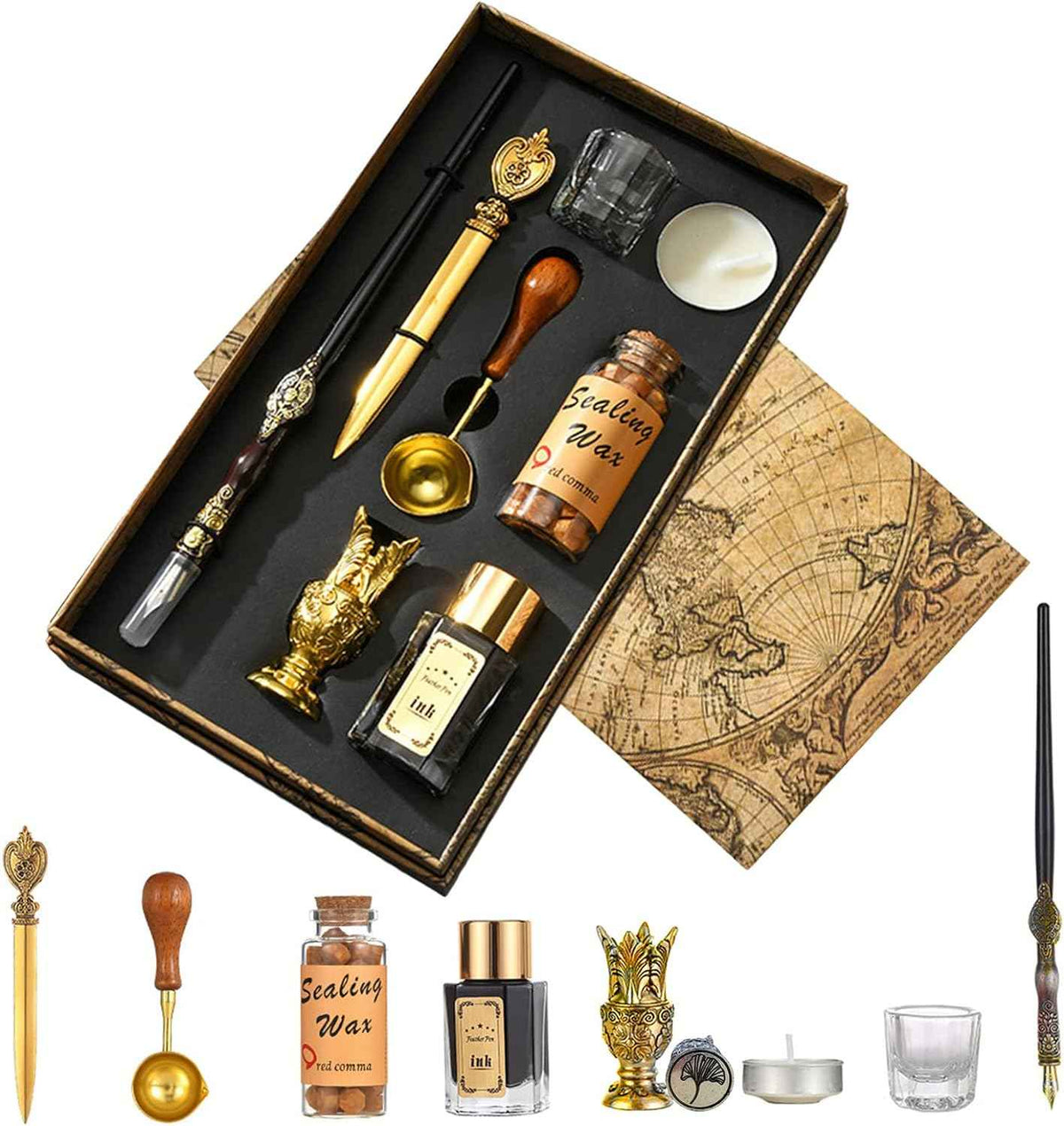 8pcs Dip Pen Ink Wax Seal Letter Opener Tool Calligraphy Gift Set Gold