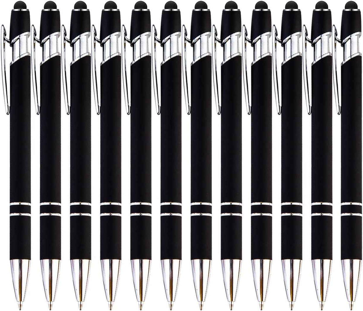 12 Pack Rainbow Rubberized Soft Touch Ballpoint Pen with Stylus Tip 12 Pcs Black Stylus Pens