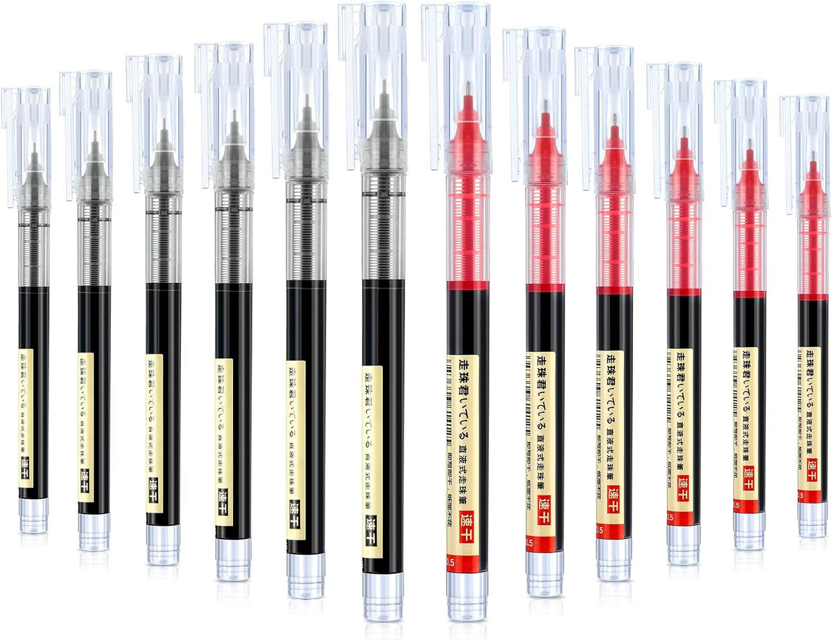 12Pcs Rolling Ball Pens Quick-Drying Liquid Ink 0.5 mm Extra Fine Point 6 Black + 6 Red