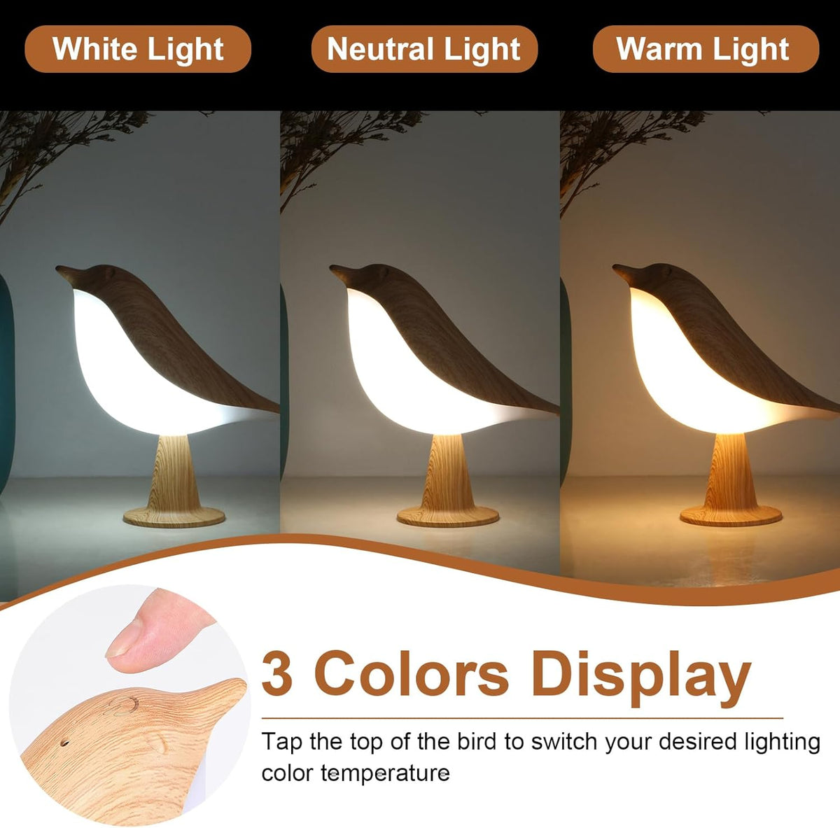 Rechargeable Bird Table Lamp Cordless Touch Dimmable Night Light