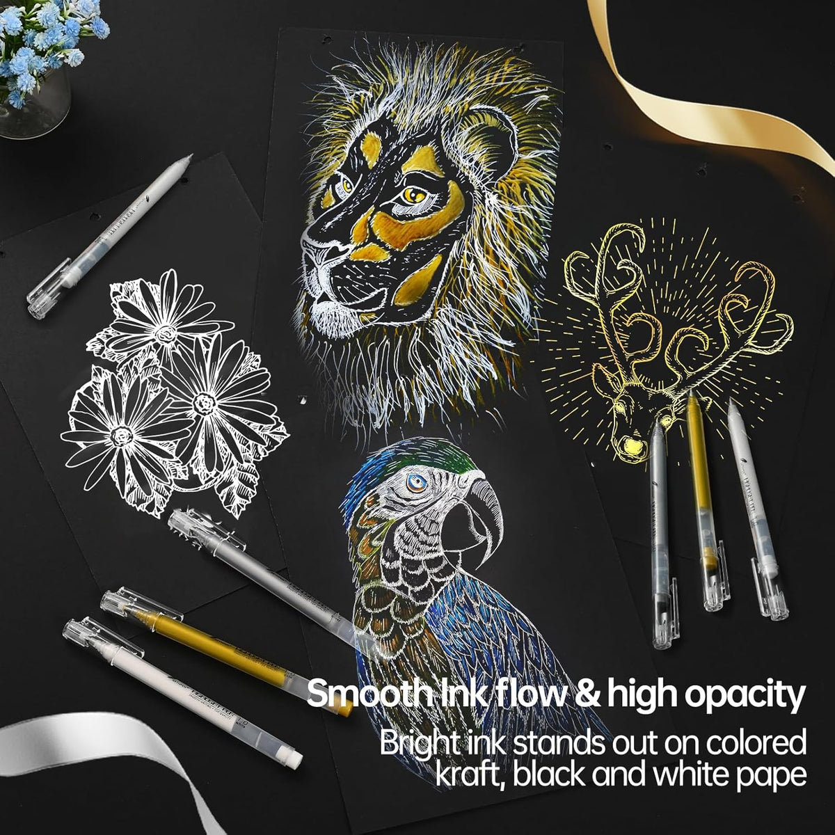 Gold Silver White Gel Pens,1mm Fine Point 6 Pack