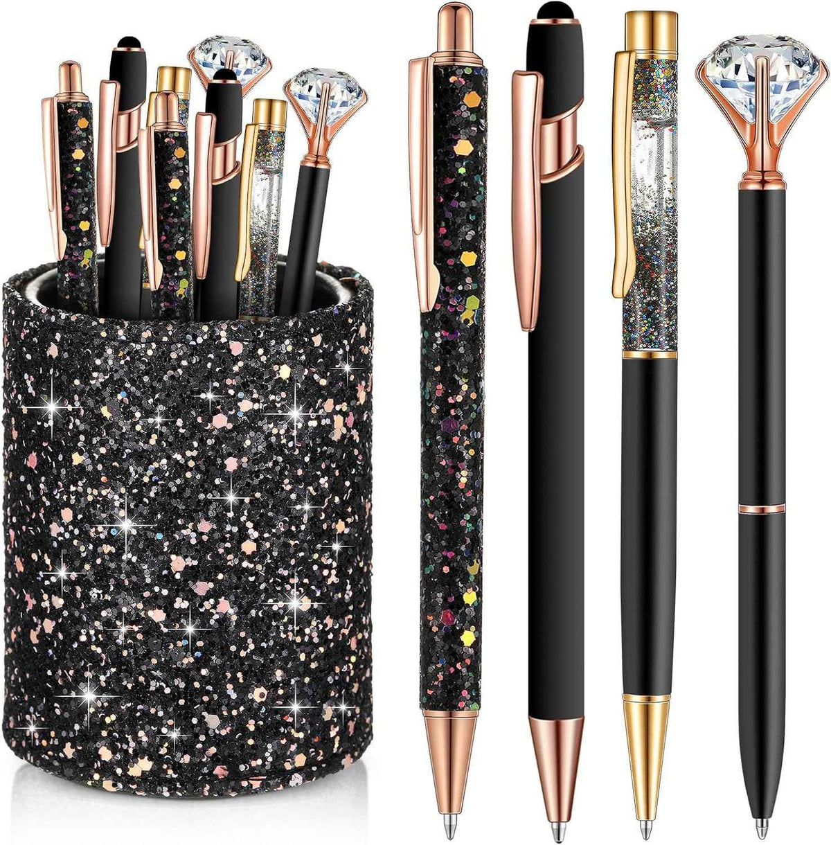 8Pcs Crystal Glitter Ballpoint Pens with Pen Holder for Desk Organizer Black