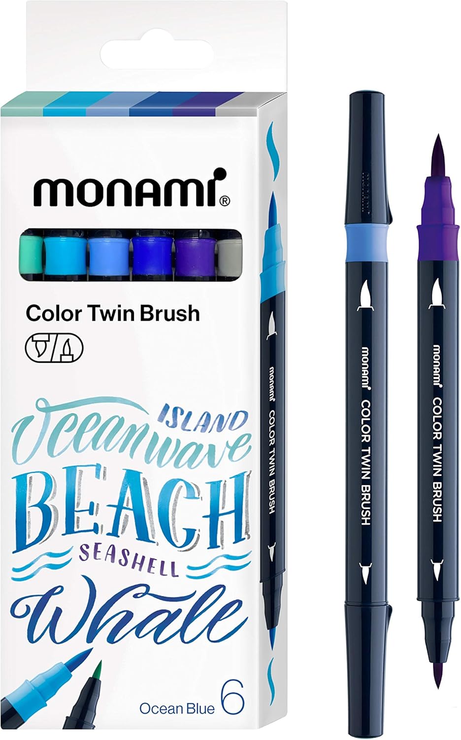 MONAMI Color Twin Brush Marker Pens,Ocean Blue & Violet 6-Pack