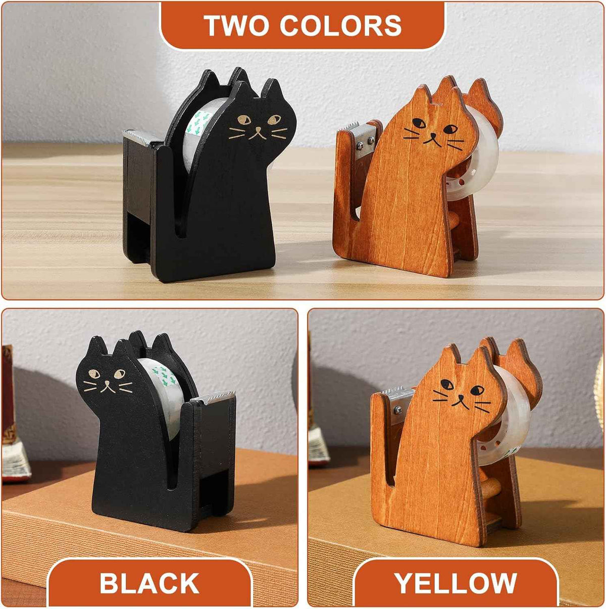 Wooden Cat Clear Tape Dispenser for Office & School Desktop 2 Pack