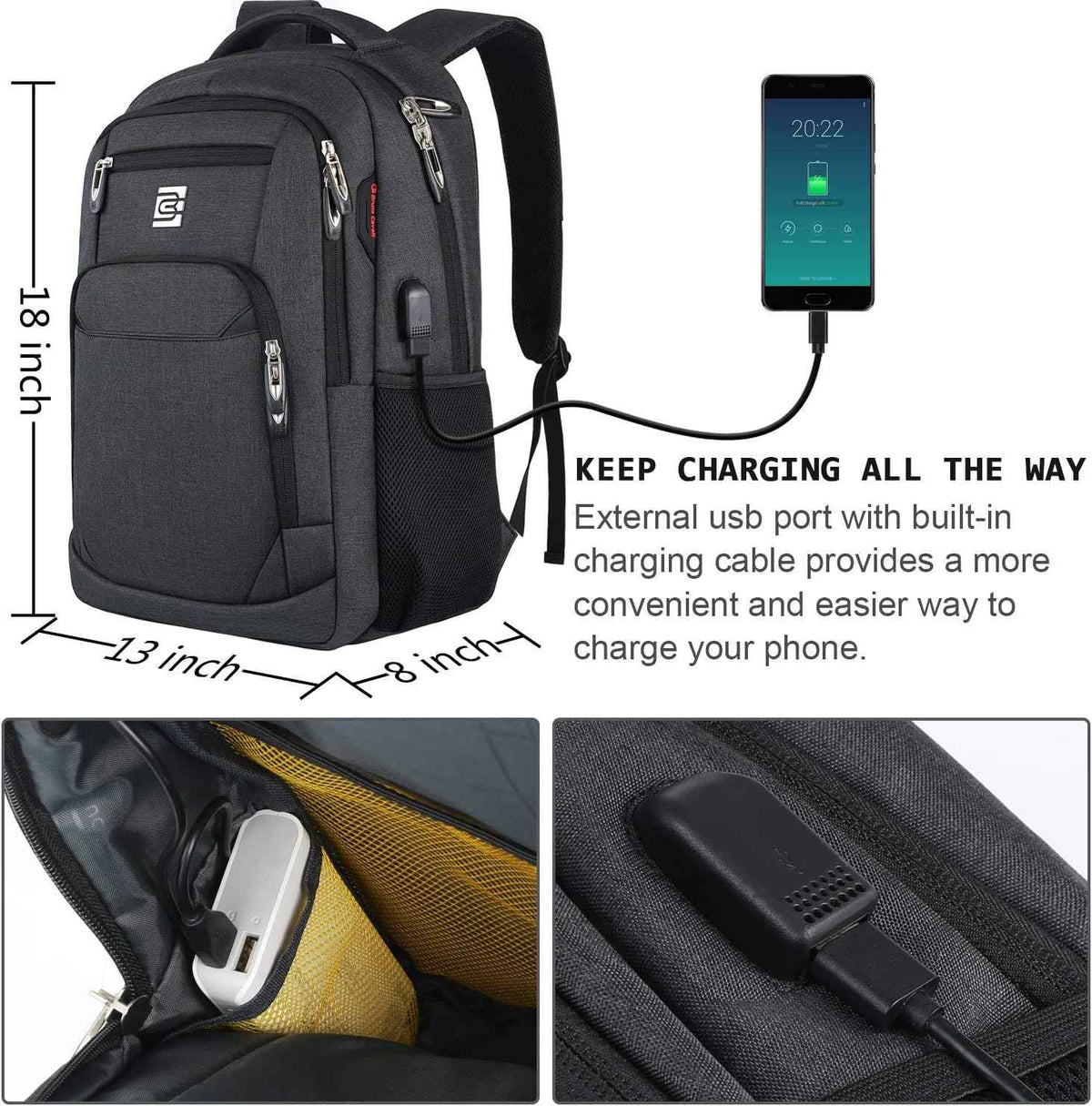 Laptop Backpack with USB Charging Port Fit 15.6 inch Notebook
