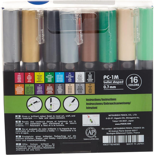 UNI POSCA PC-1M Acrylfarbmarker, 0,7 mm extrafeine Spitze, 16 Farben